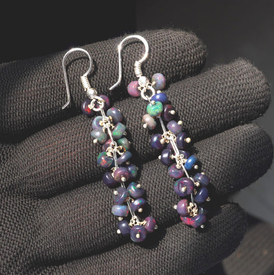 Black Ethiopian Opal Earrings, 925 Silver & Gold Multi Fire Cabochon Beads