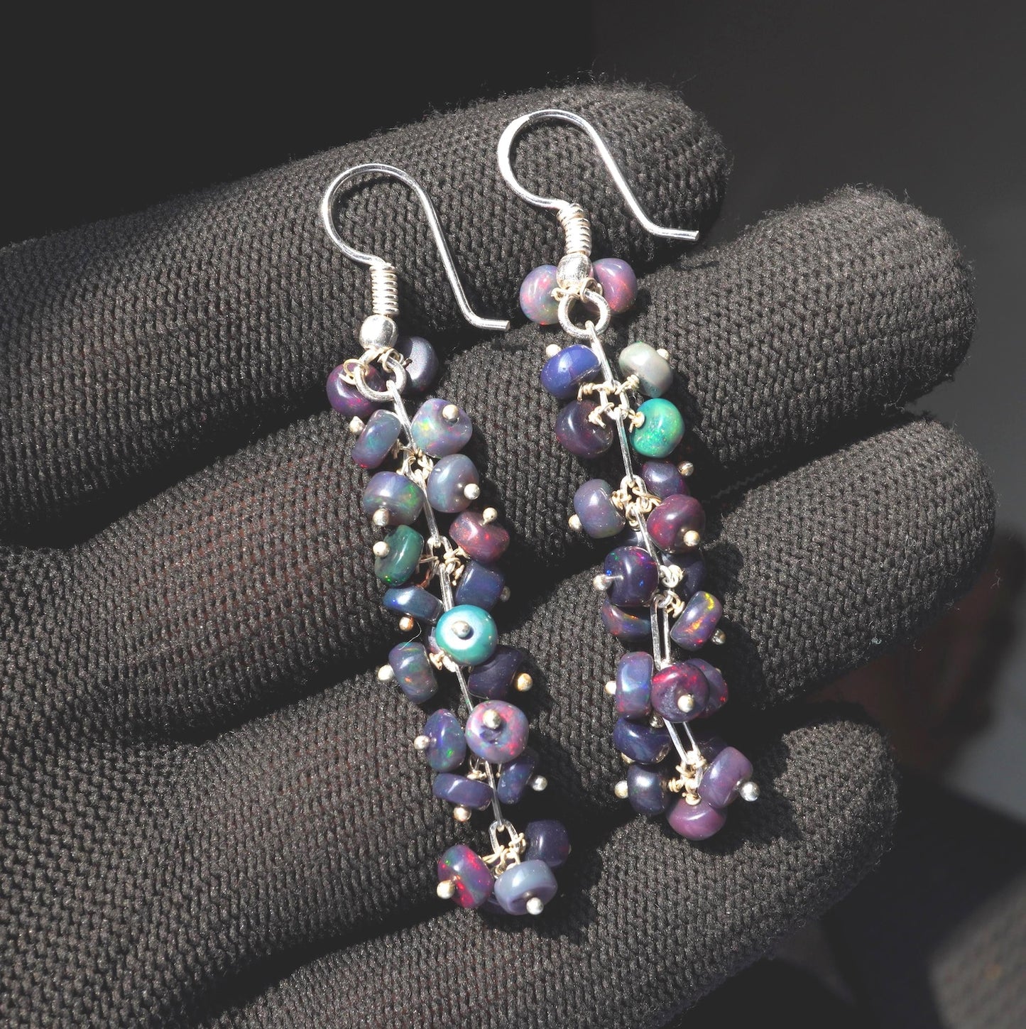 Black Ethiopian Opal Earrings, 925 Silver & Gold Multi Fire Cabochon Beads