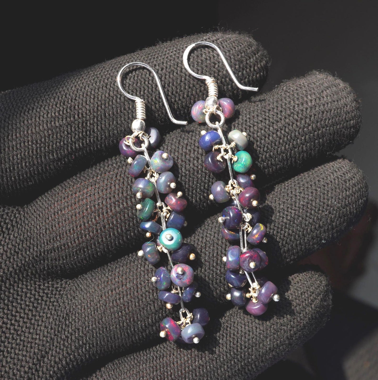 Black Ethiopian Opal Earrings, 925 Silver & Gold Multi Fire Cabochon Beads