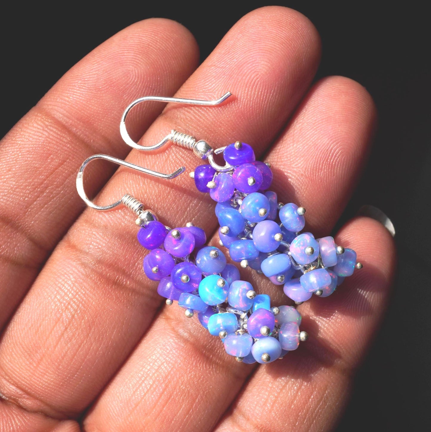 Natural Blue Ethiopian Opal Earrings, 925 Silver & Gold Multi Fire Opal Beads