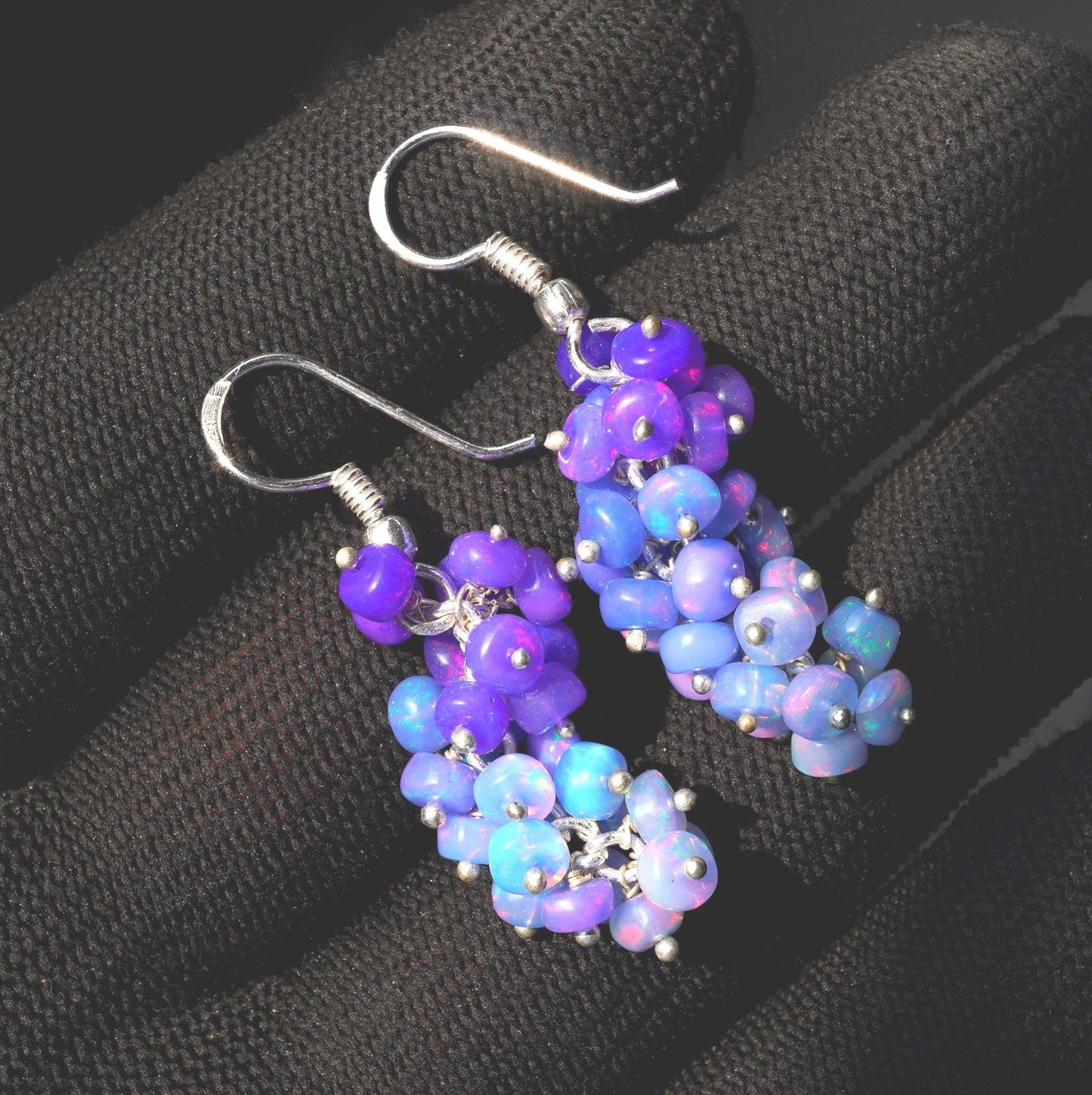 Natural Blue Ethiopian Opal Earrings, 925 Silver & Gold Multi Fire Opal Beads