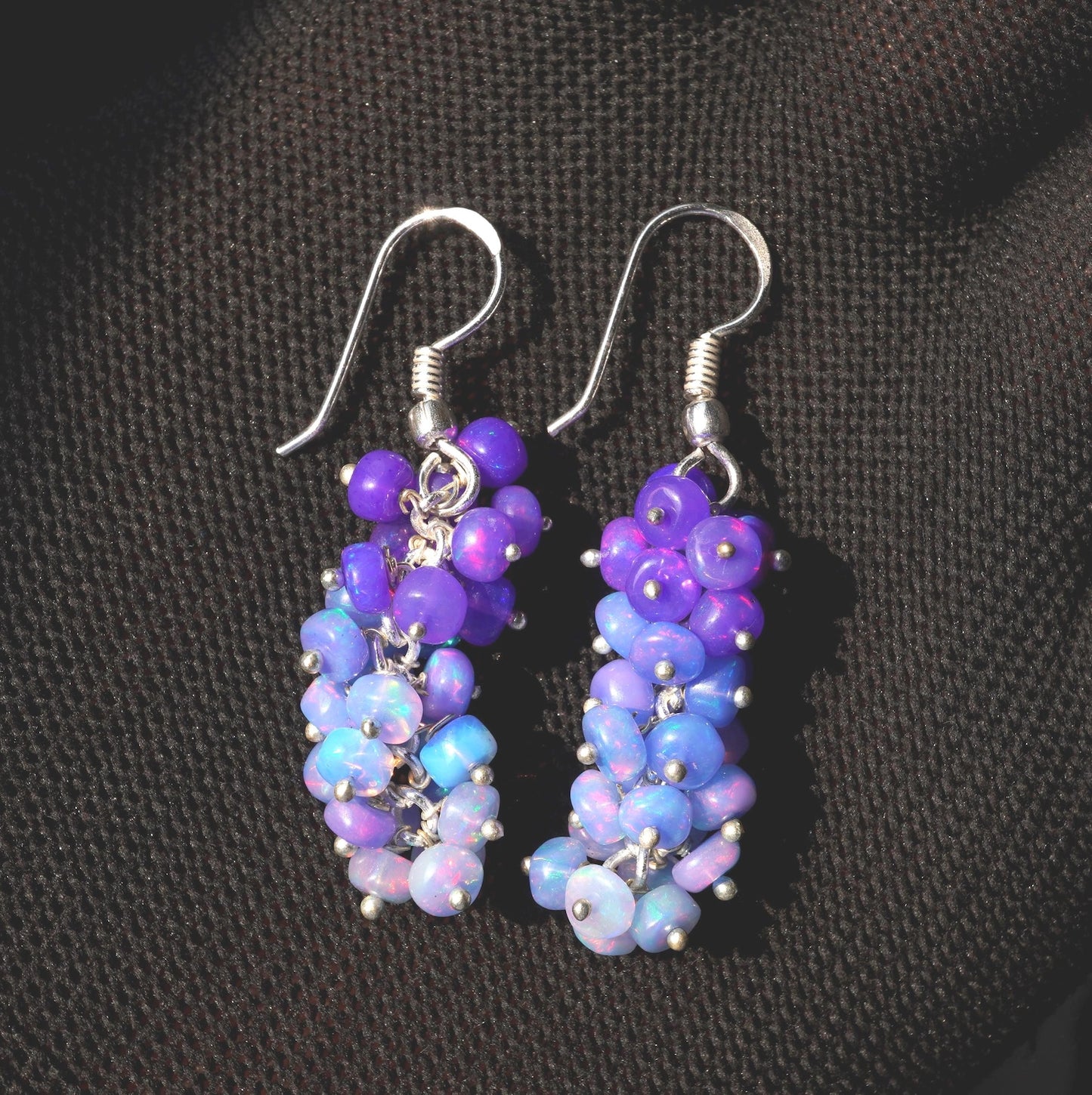 Ethiopian Opal Earrings, 925 Silver, Blue Multi Fire Cabochon Beads