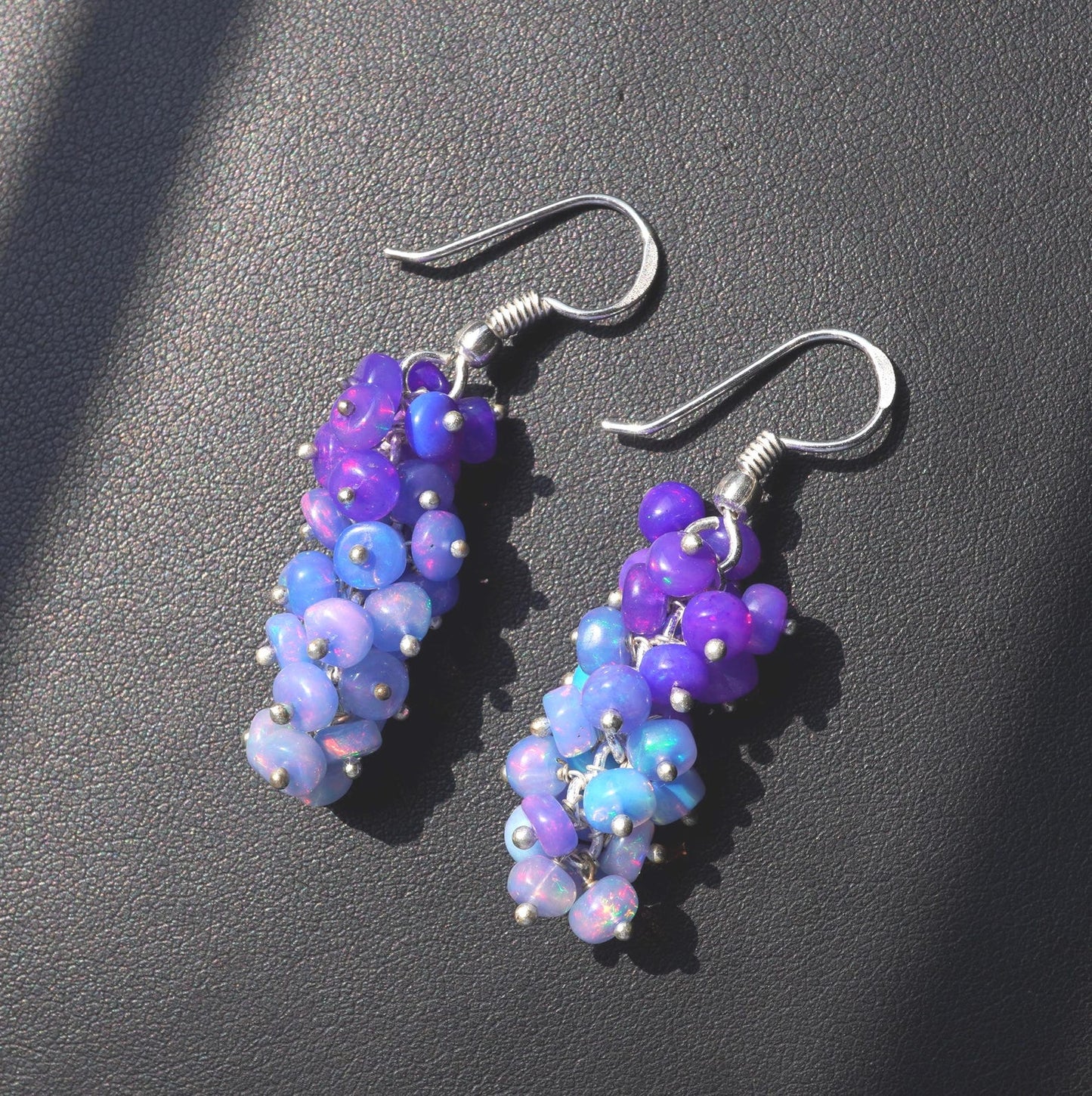Ethiopian Opal Earrings, 925 Silver, Blue Multi Fire Cabochon Beads