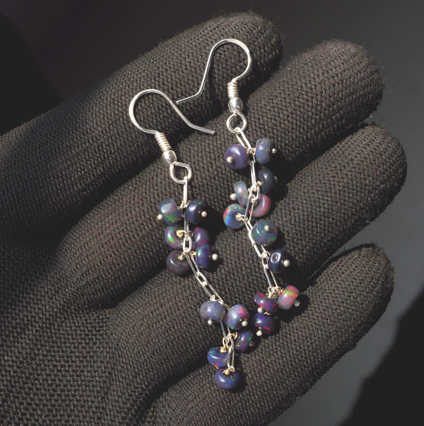 Natural Black Ethiopian Opal Earrings, 925 Silver, Multi Fire Cabochon Beads