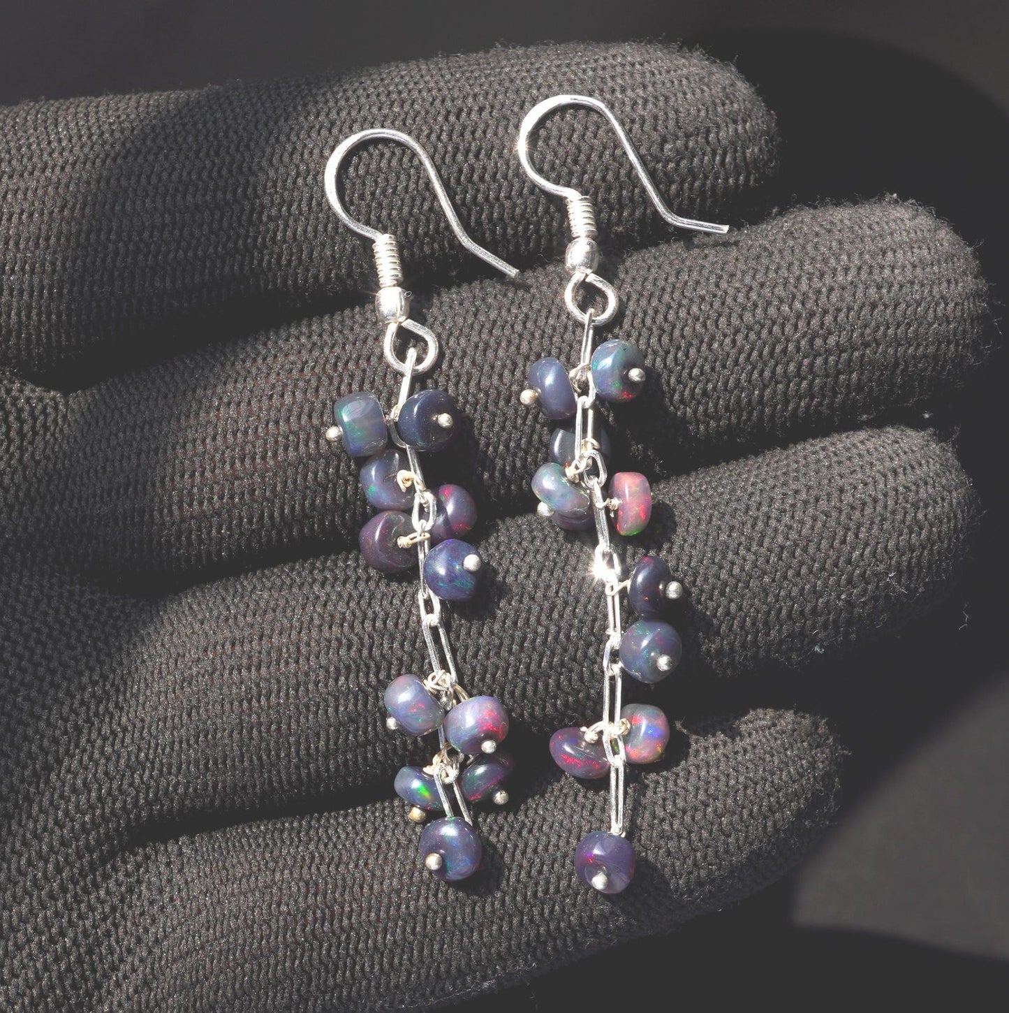 Natural Black Ethiopian Opal Earrings, 925 Silver, Multi Fire Cabochon Beads