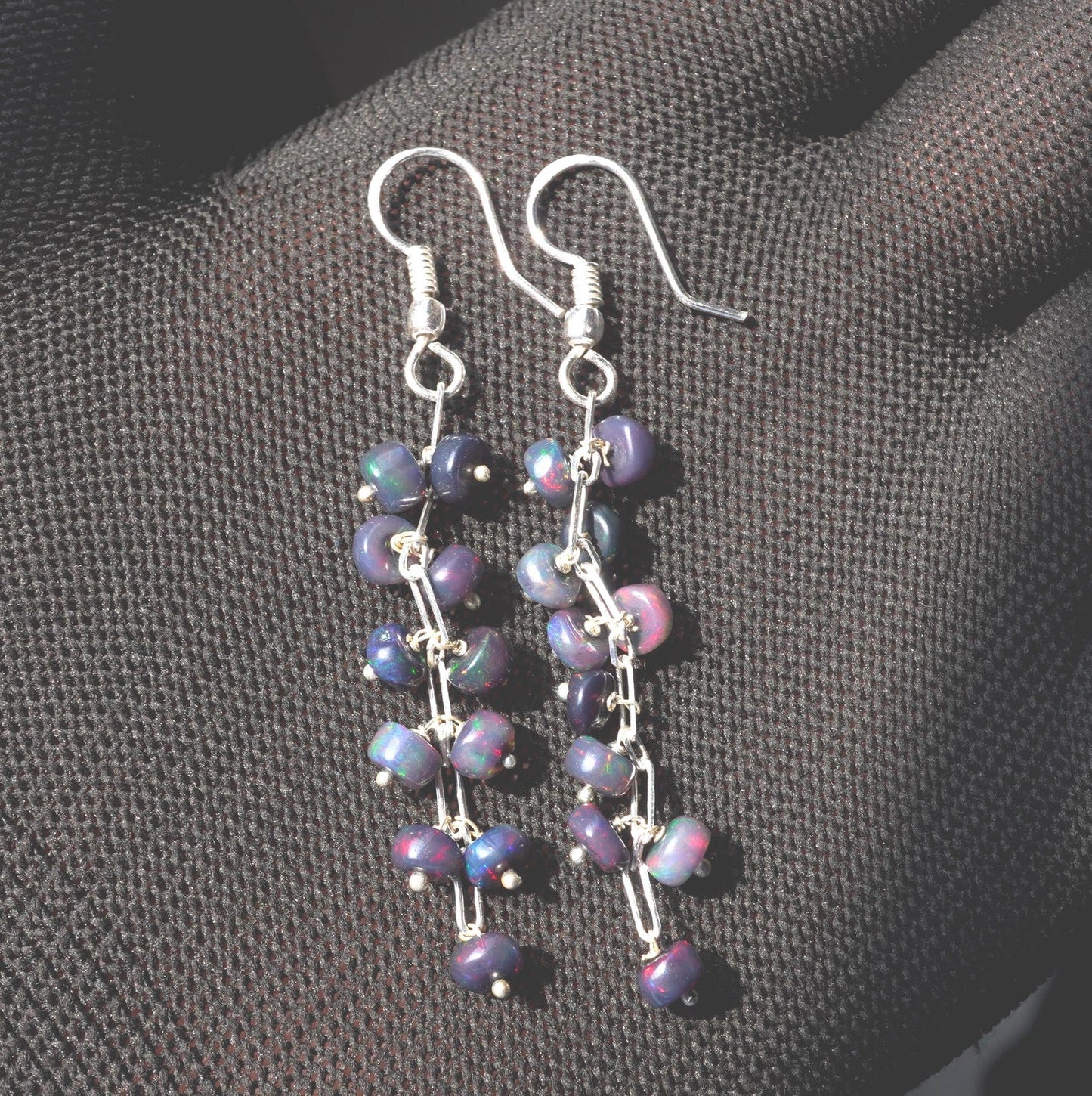 Natural Black Ethiopian Opal Earrings, 925 Silver, Multi Fire Cabochon Beads