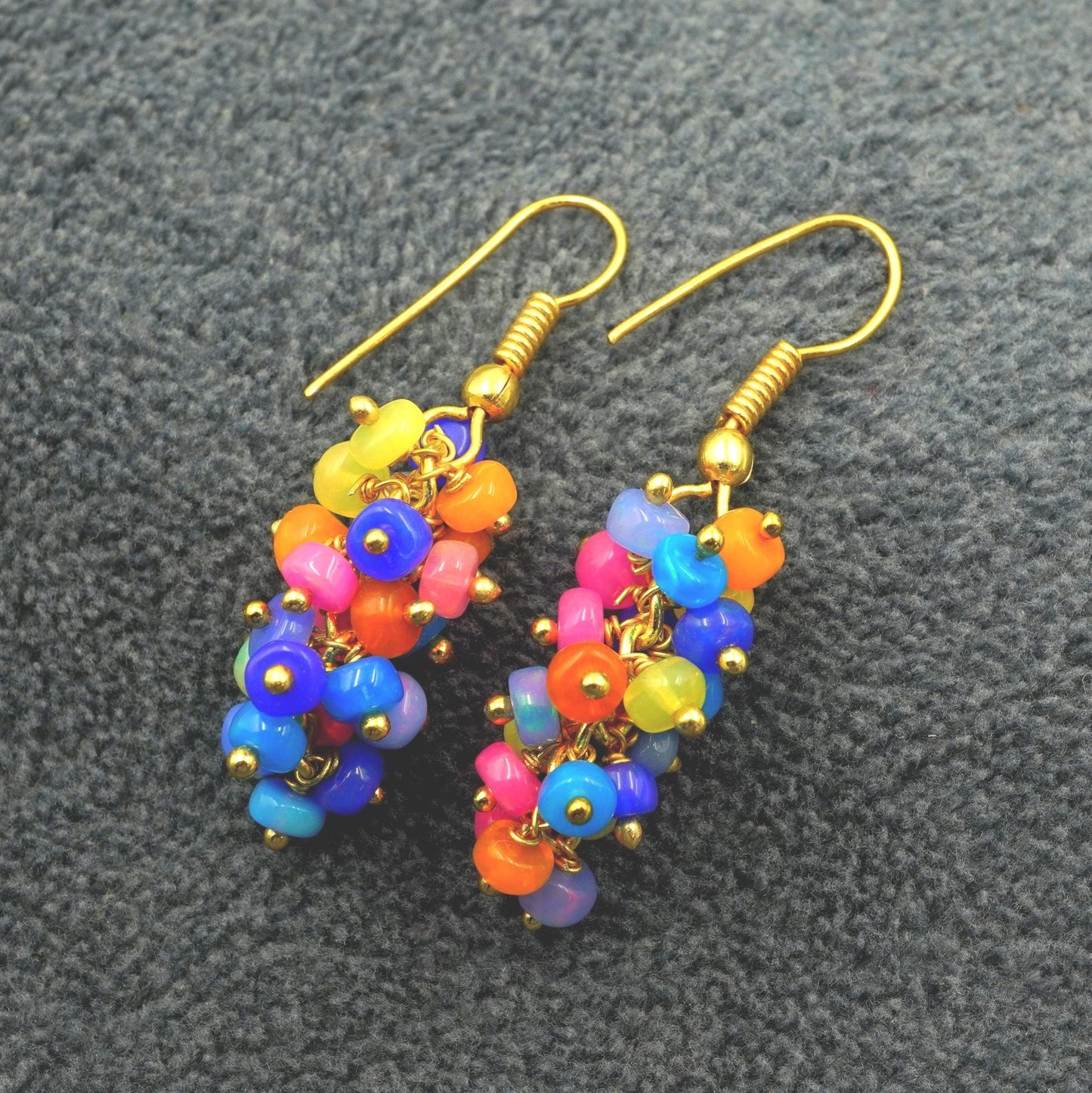 Ethiopian Welo Opal Beaded Earrings, 14K Gold, Rainbow Gemstone