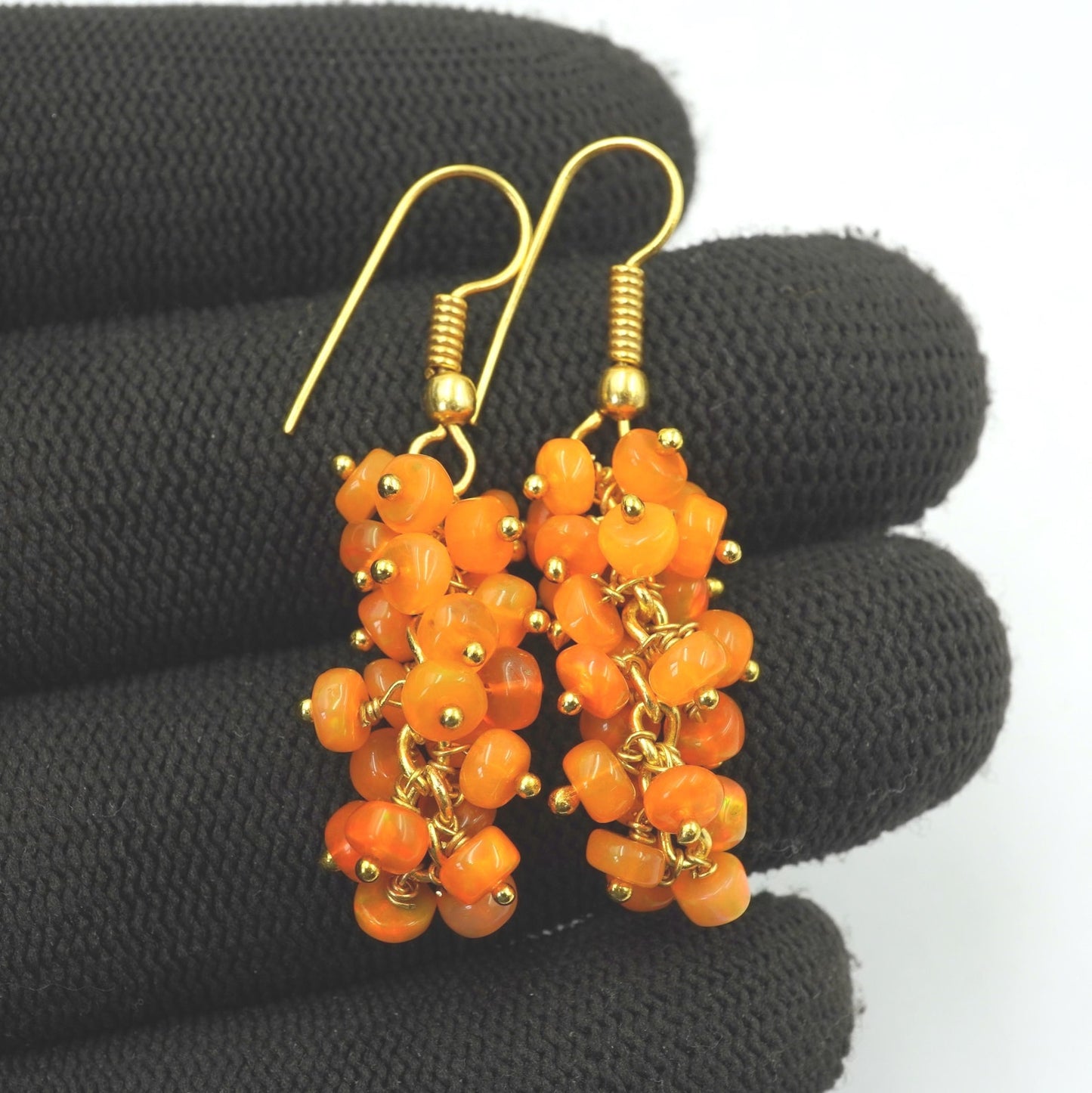 Orange Ethiopian Welo Opal Beaded Earrings, 14K Gold, Rainbow Gemstone