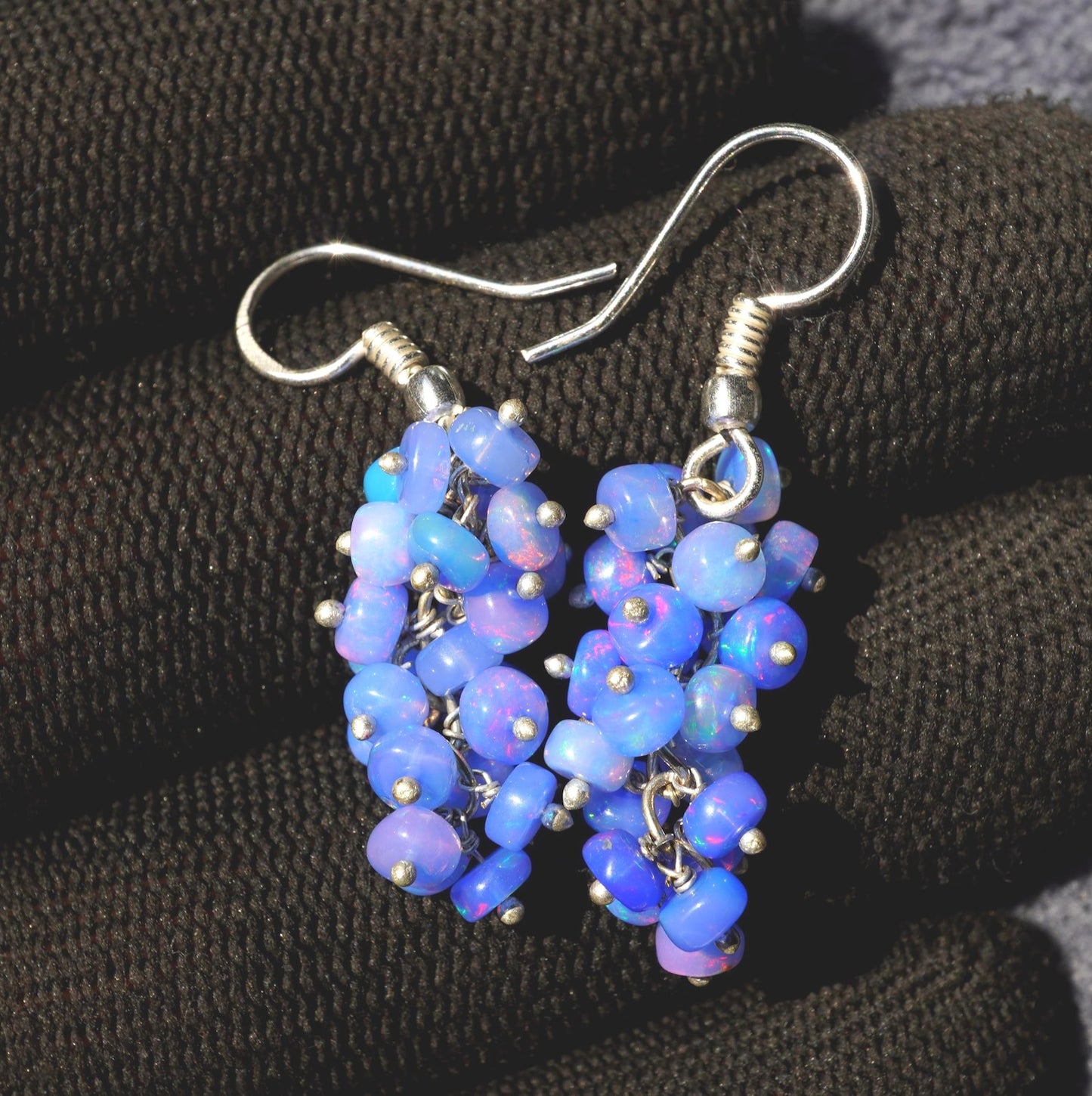 Ethiopian Blue Welo Opal Beaded Earrings, 14K Gold, Natural Rainbow Gemstone