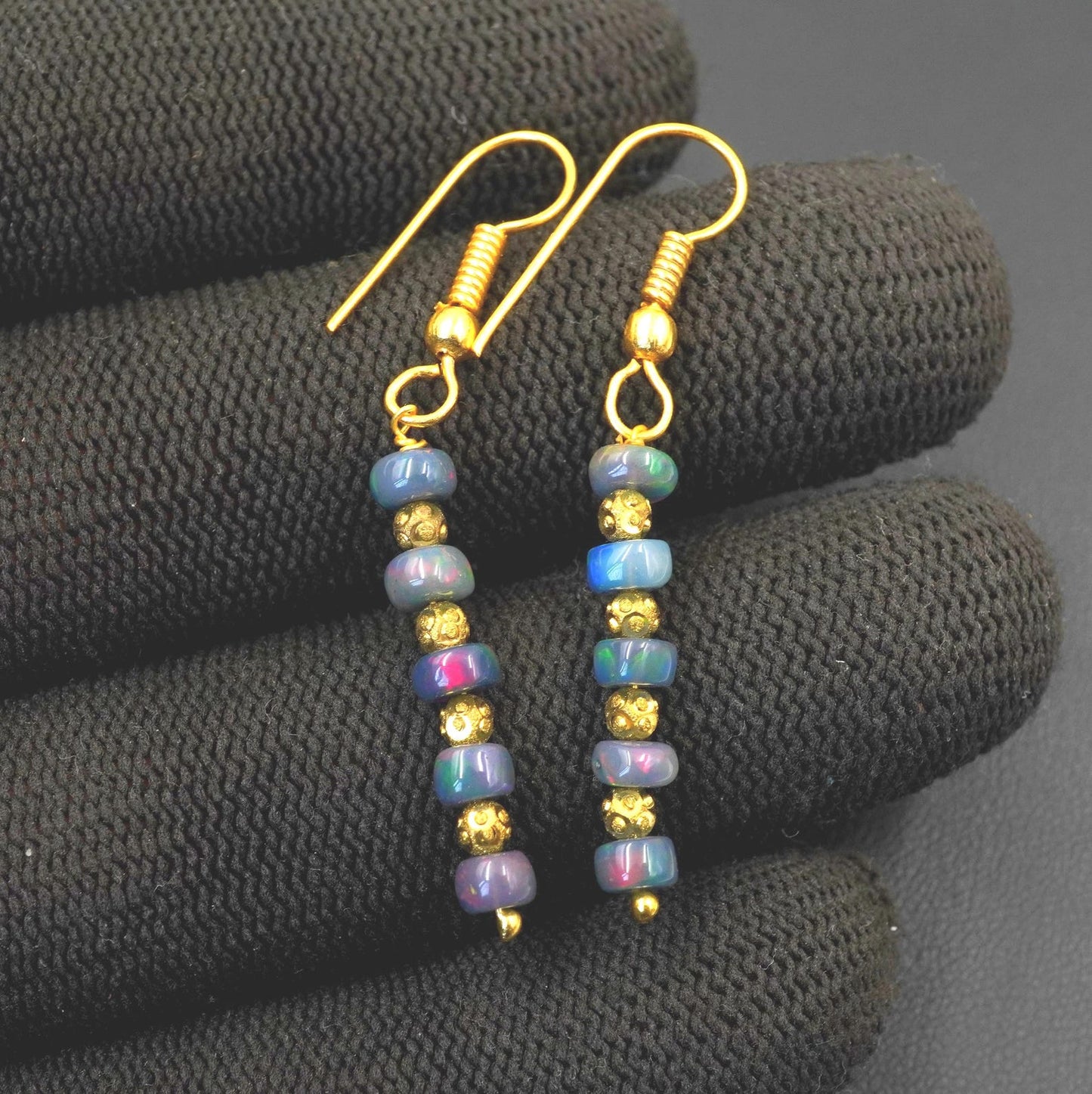 Black Multi Ethiopian Opal Beaded Earrings, 14K Gold , Natural Rainbow Gemstone