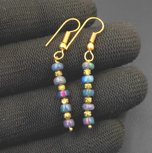 Black Multi Ethiopian Opal Beaded Earrings, 14K Gold , Natural Rainbow Gemstone
