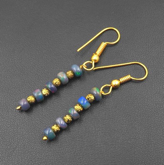 Black Multi Ethiopian Opal Beaded Earrings, 14K Gold , Natural Rainbow Gemstone