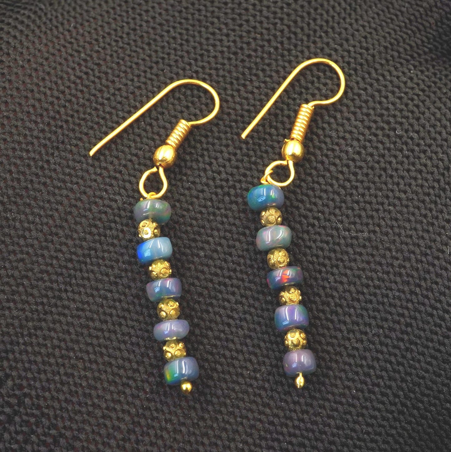 Black Multi Ethiopian Opal Beaded Earrings, 14K Gold , Natural Rainbow Gemstone