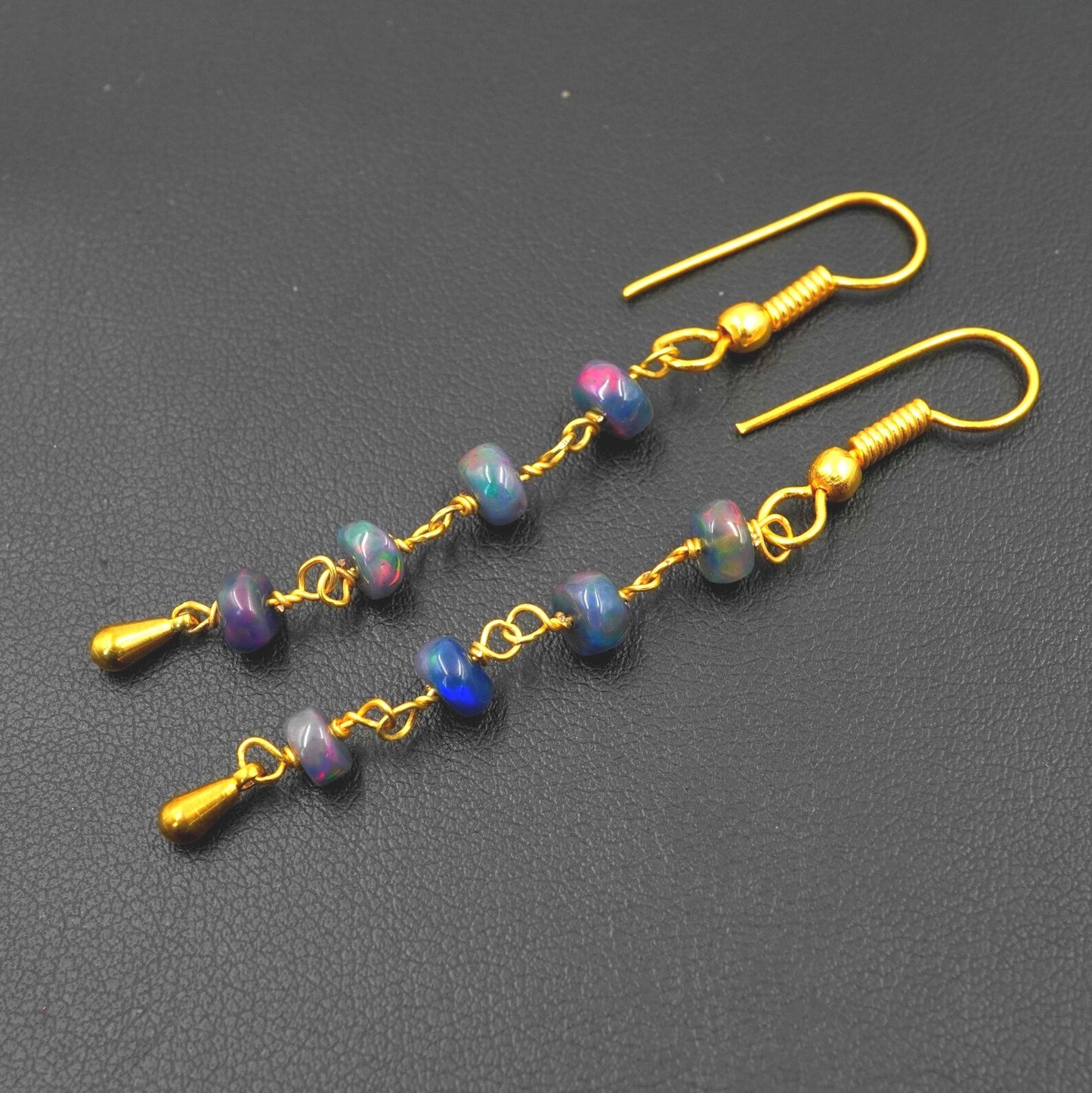 Natural Black Ethiopian Opal Beads Earrings Multi Fire Opal 14K Gold Cabochon Beaded