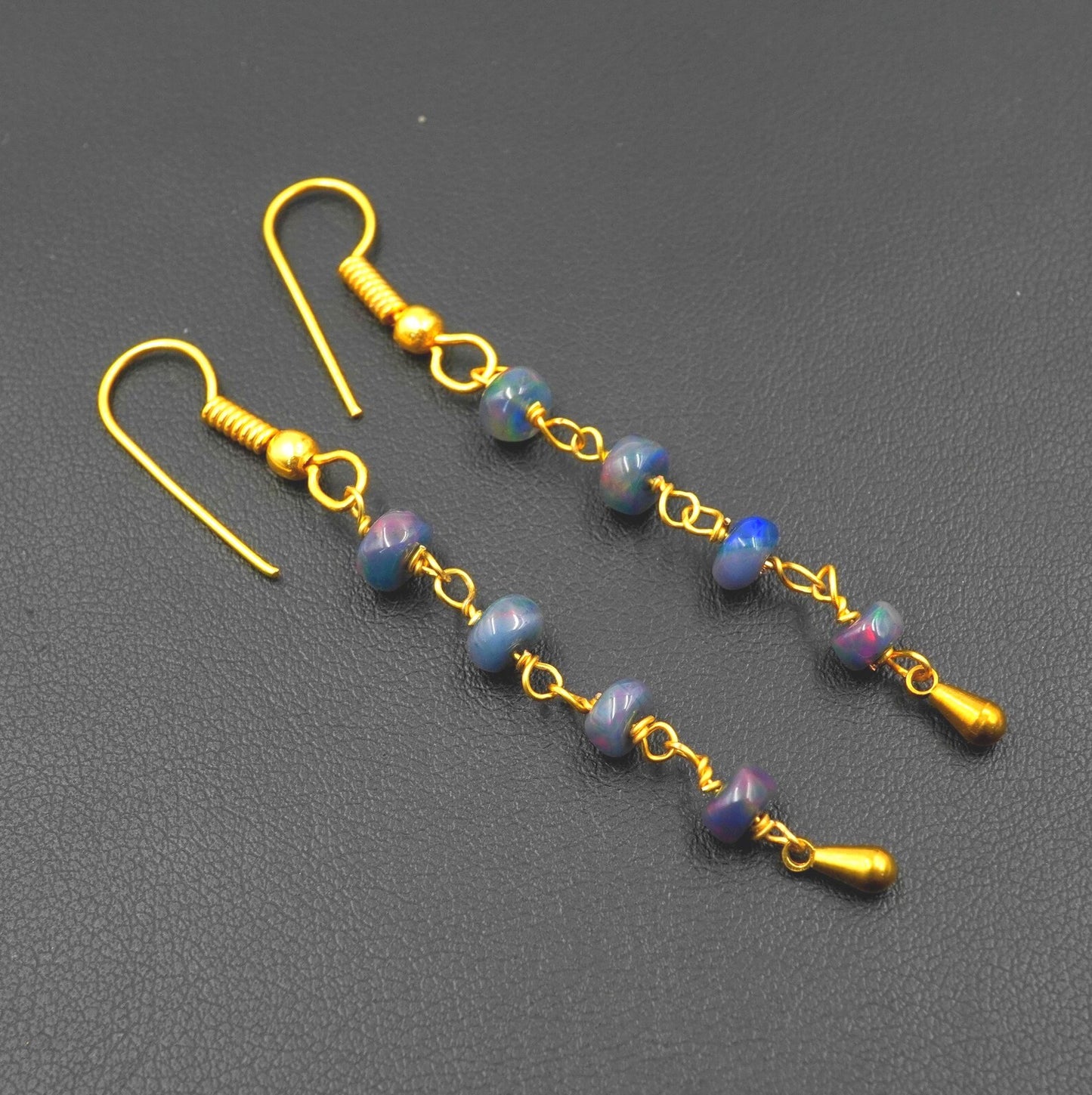 Natural Black Ethiopian Opal Beads Earrings Multi Fire Opal 14K Gold Cabochon Beaded