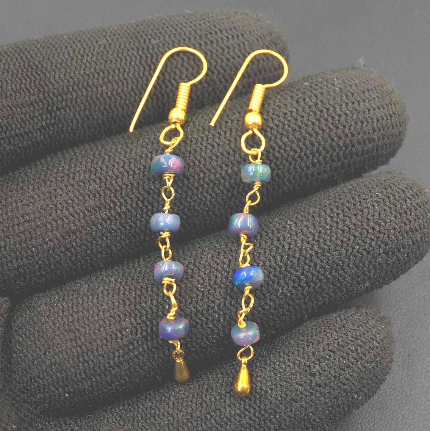 Natural Black Ethiopian Opal Beads Earrings Multi Fire Opal 14K Gold Cabochon Beaded