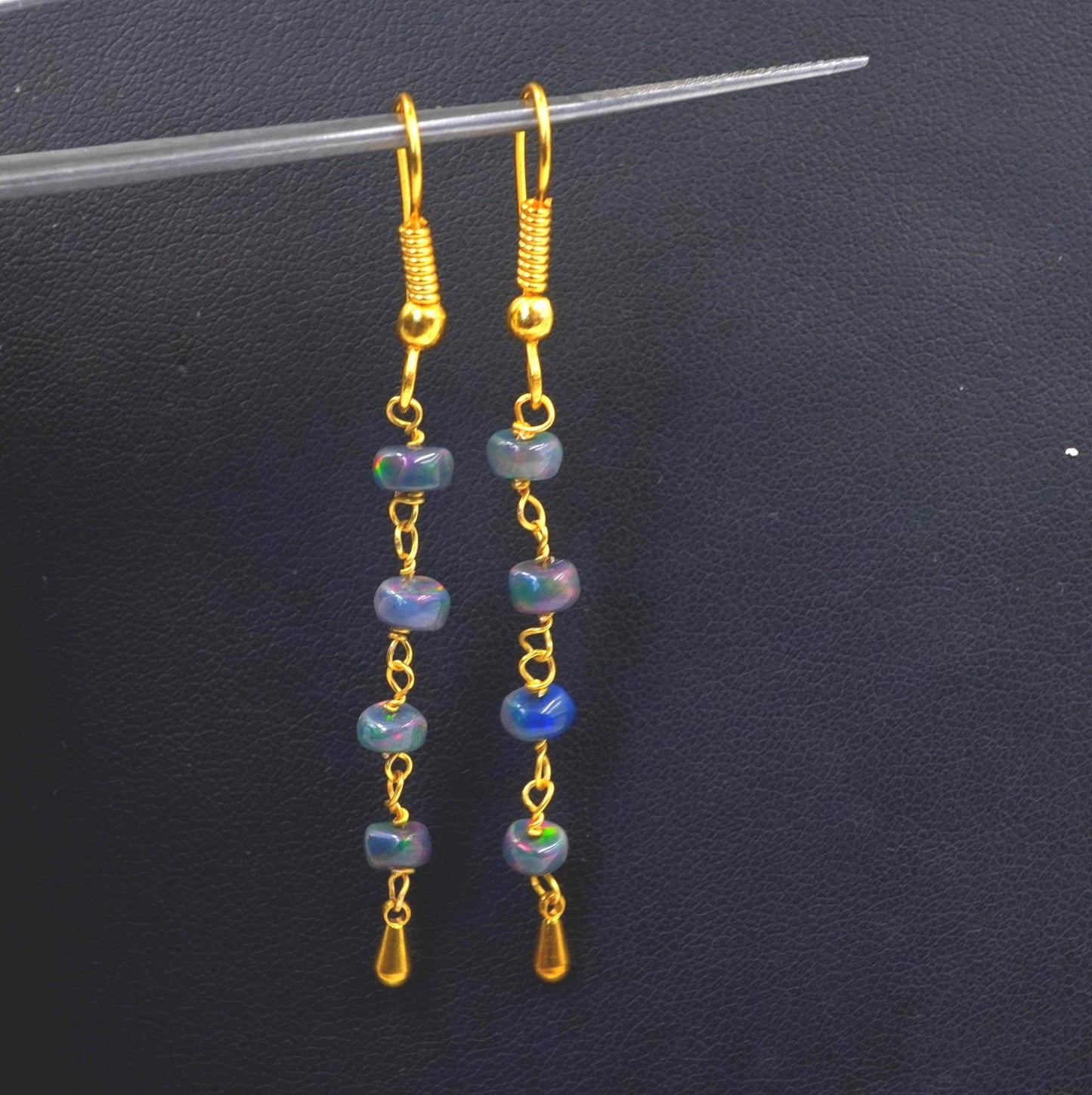 Natural Black Ethiopian Opal Beads Earrings Multi Fire Opal 14K Gold Cabochon Beaded