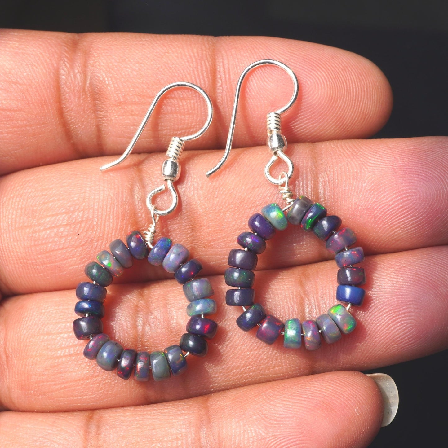 Natural Ethiopian Black Opal Hoop Earrings, 5mm Smooth Beads, Silver & Gold Finish