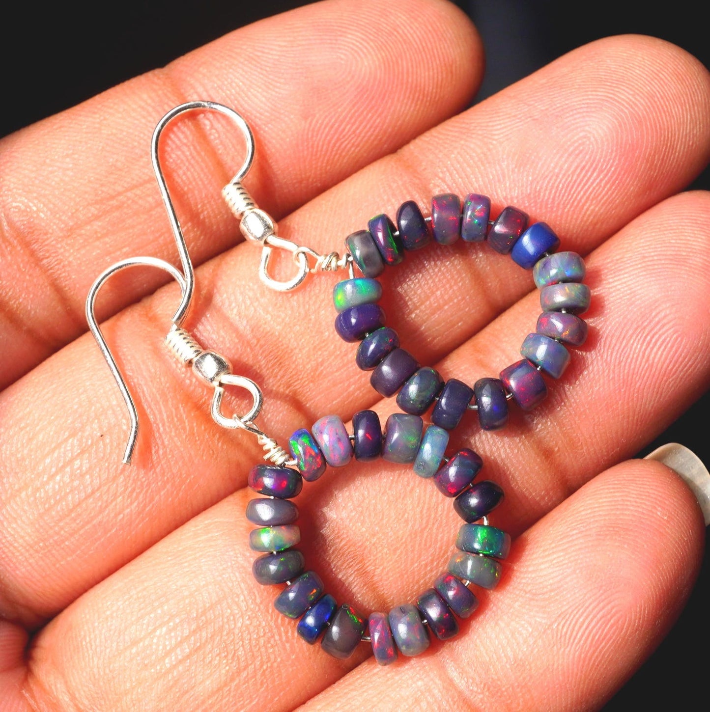 Natural Ethiopian Black Opal Hoop Earrings, 5mm Smooth Beads, Silver & Gold Finish