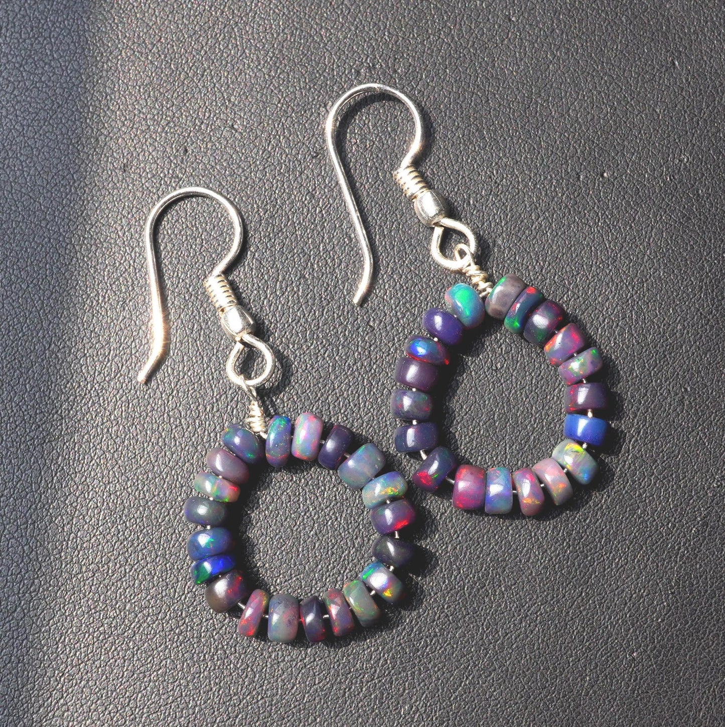 Natural Ethiopian Black Opal Hoop Earrings, 5mm Smooth Beads, Silver & Gold Finish