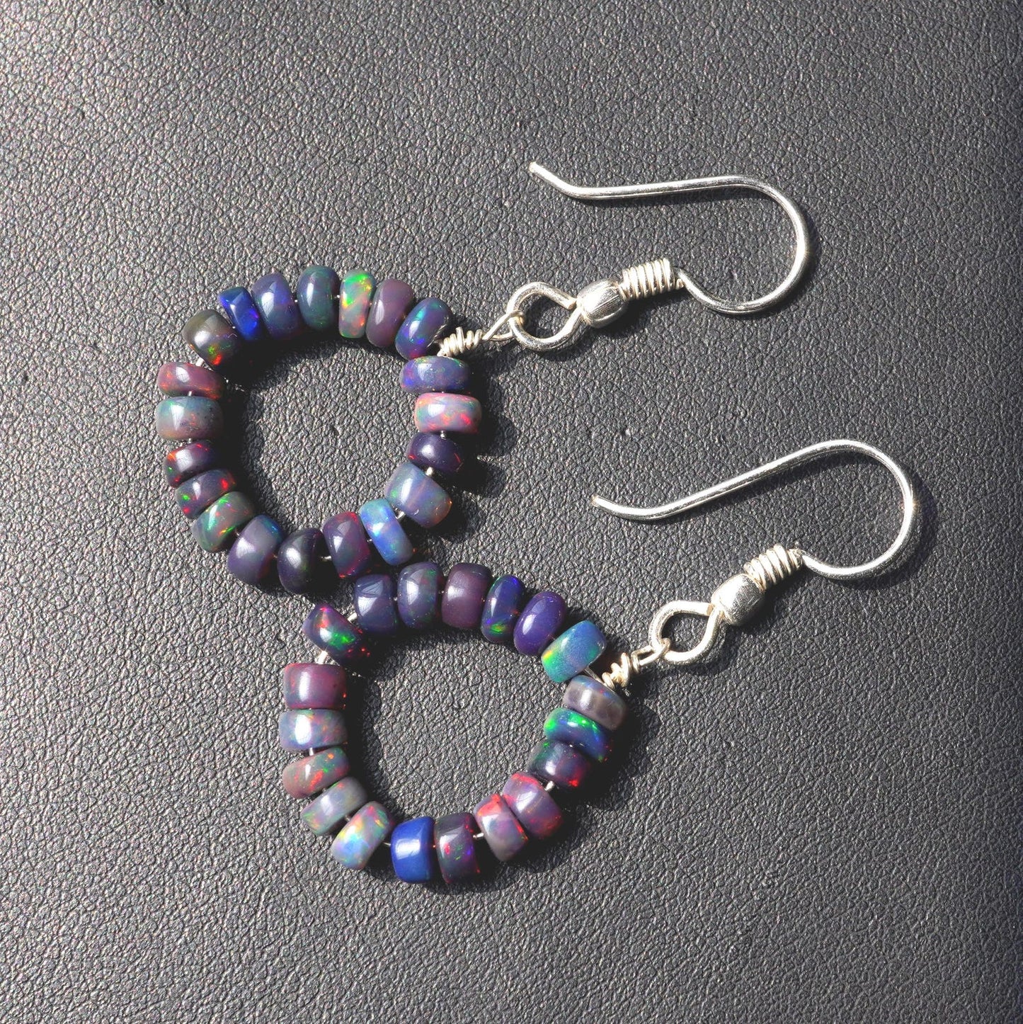Natural Ethiopian Black Opal Hoop Earrings, 5mm Smooth Beads, Silver & Gold Finish