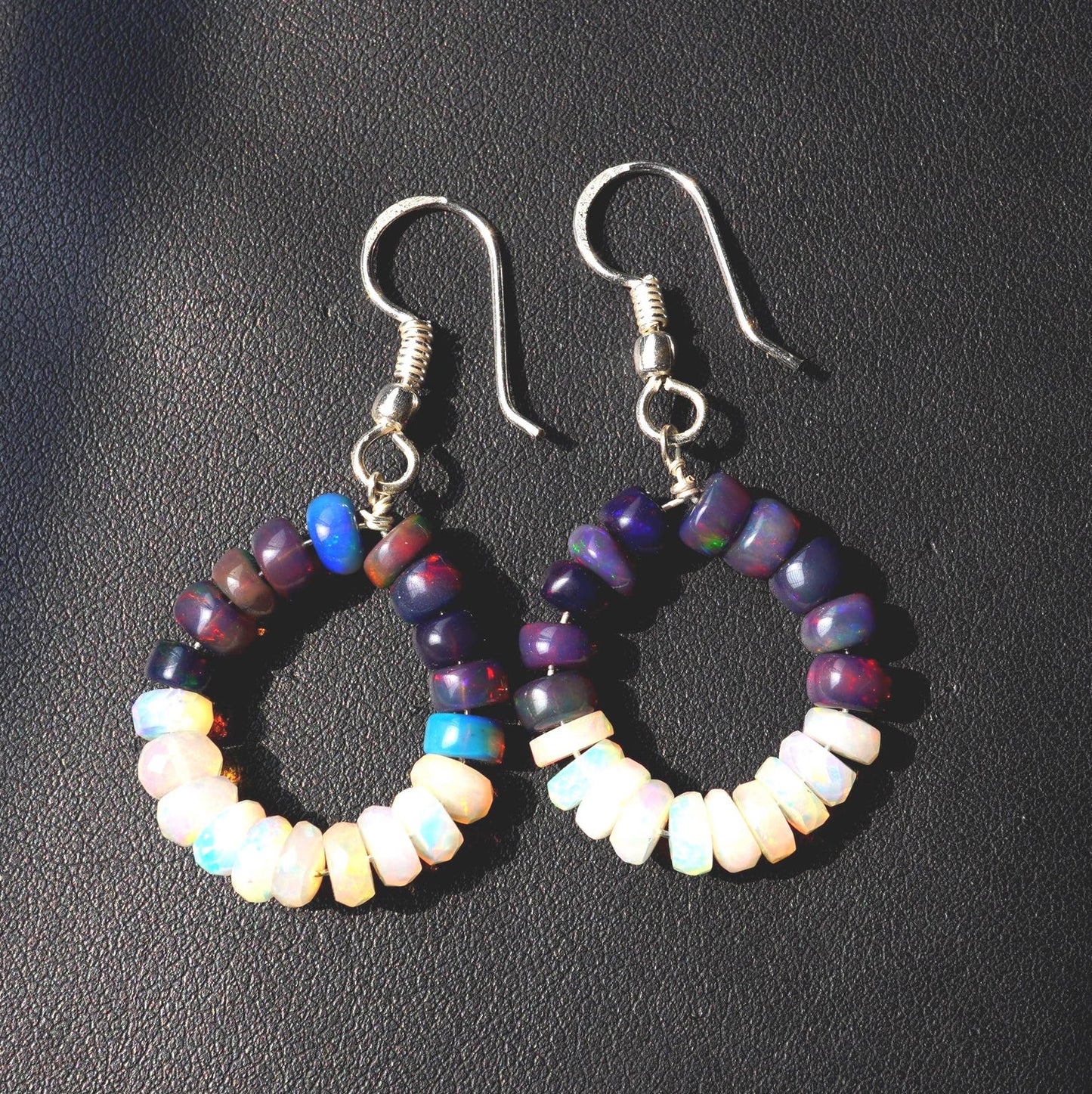 Natural Black White Ethiopian Opal Beads Earrings, 14K Silver & Gold Gift For Her