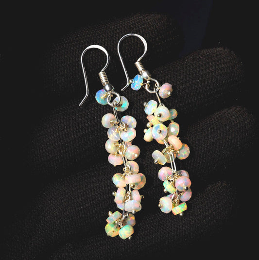 Ethiopian Opal Earrings, 925 Silver, Multi Fire Cabochon Beads