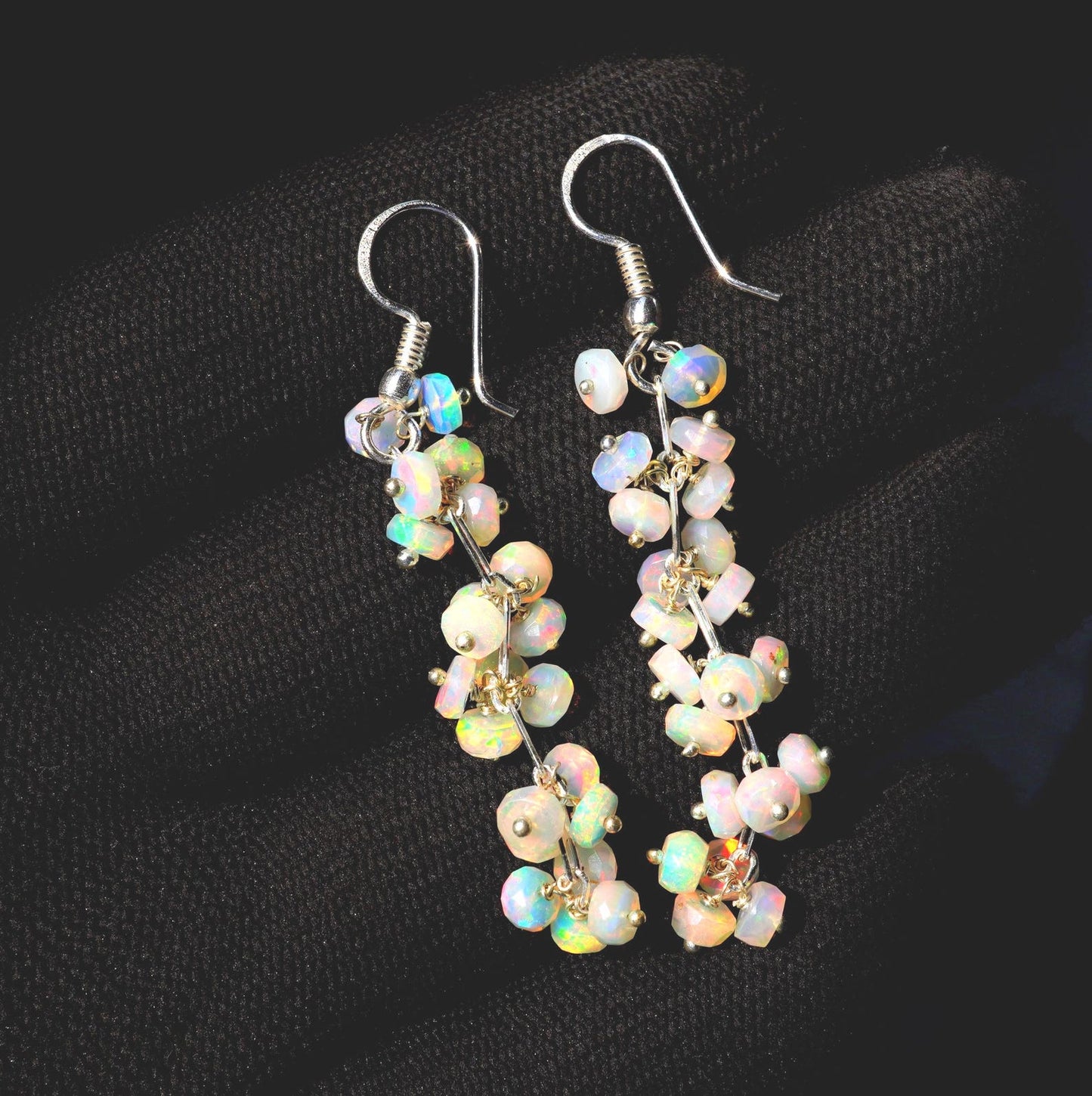 Ethiopian Opal Earrings, 925 Silver, Multi Fire Cabochon Beads