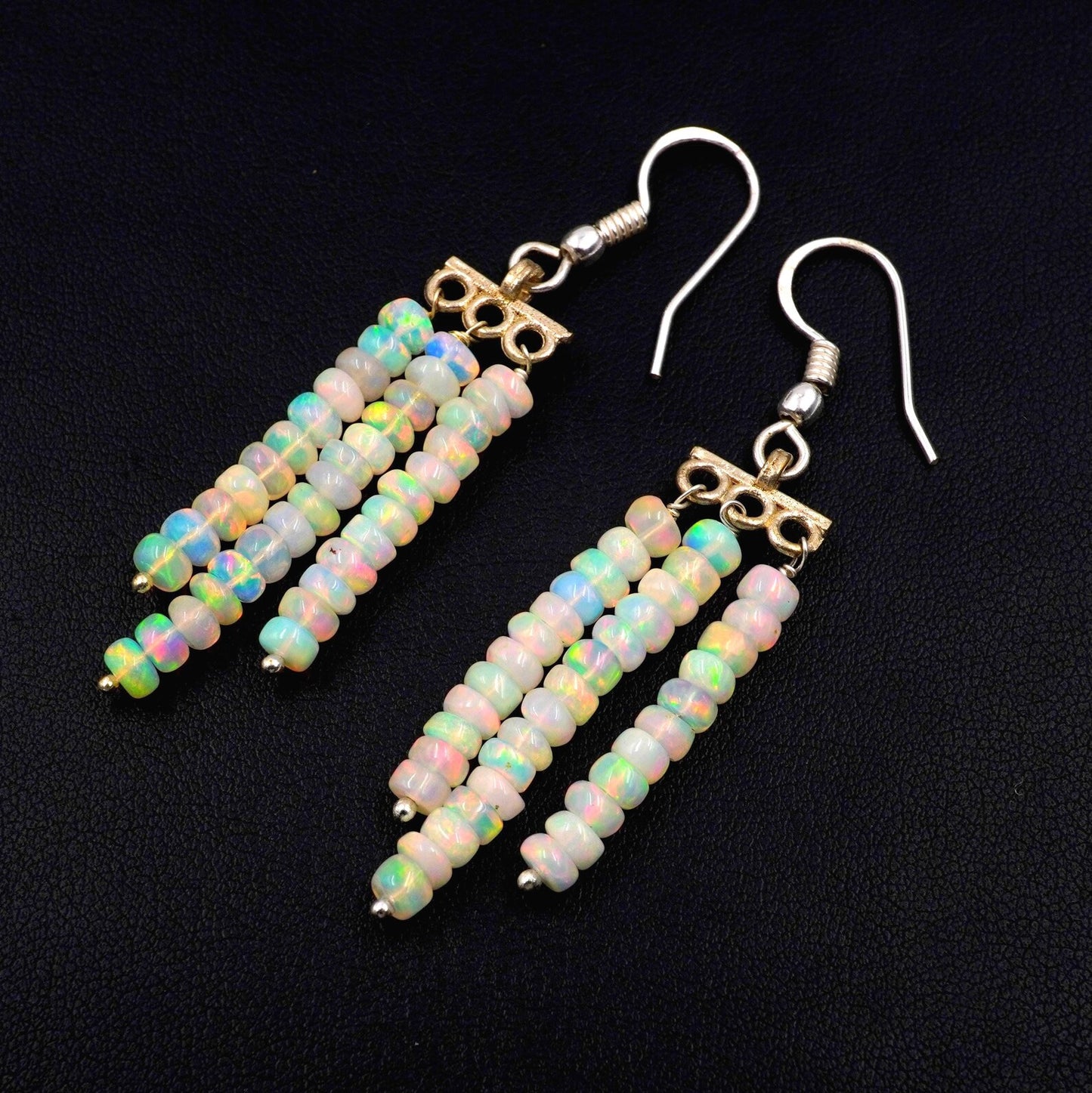 Natural Ethiopian Opal Beads Earrings, Multi Fire, 925 Sterling Silver & Gold
