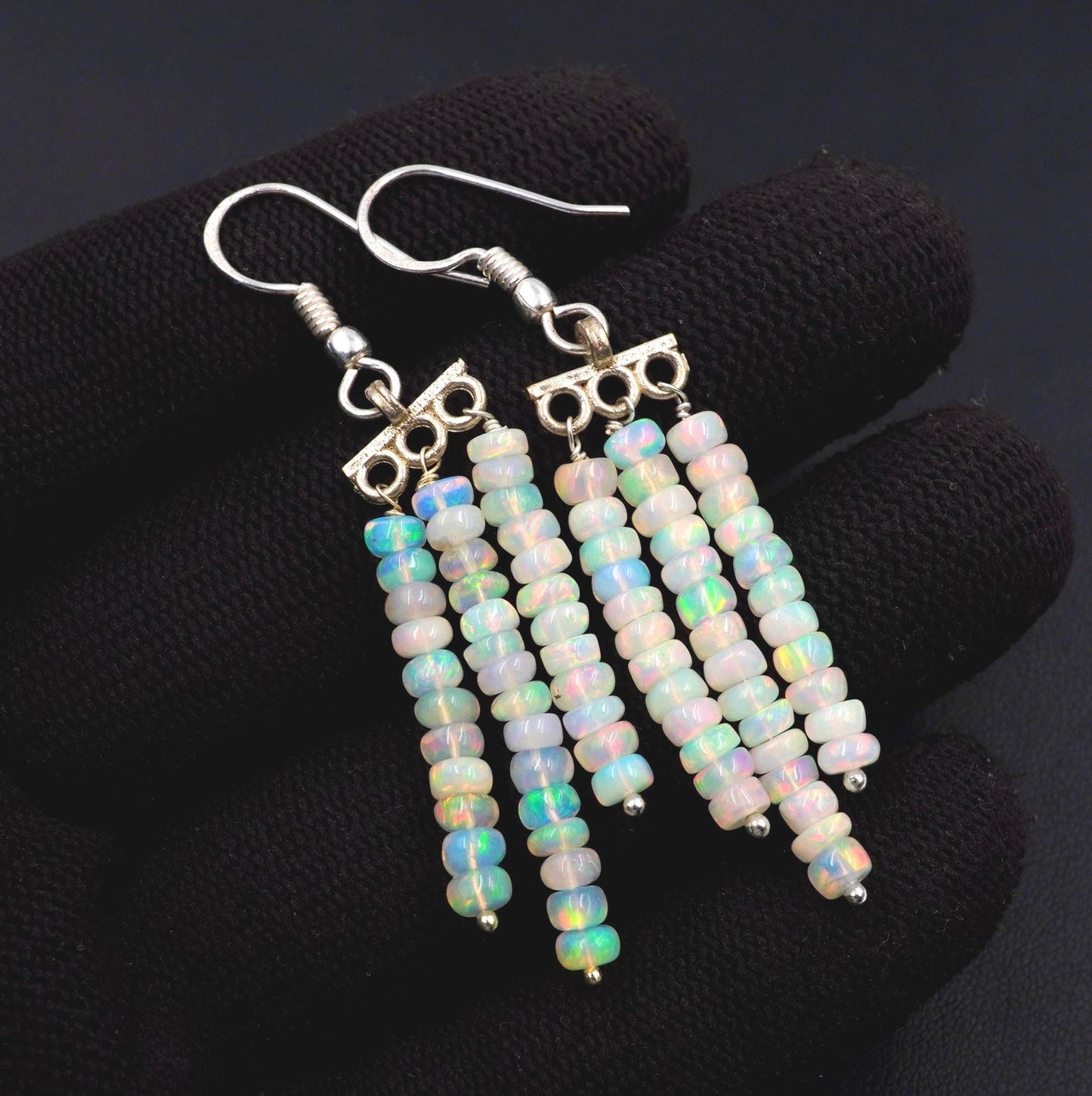 Natural Ethiopian Opal Beads Earrings, Multi Fire, 925 Sterling Silver & Gold