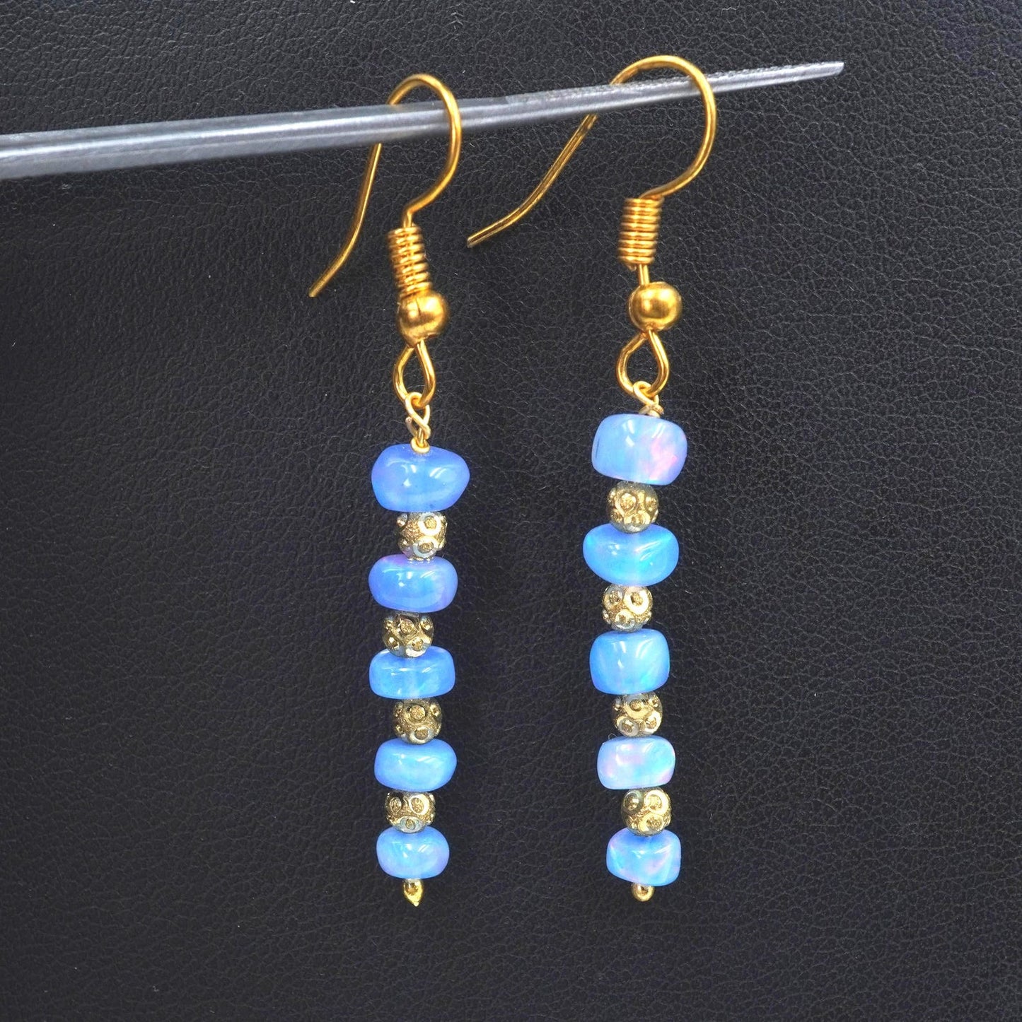 Natural Blue Opal Earrings, 925 Silver & 14k Gold, Ethiopian Gemstone