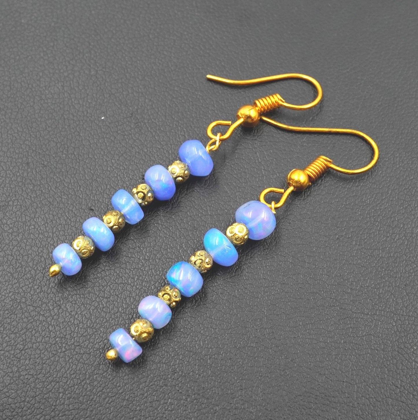 Natural Blue Opal Earrings, 925 Silver & 14k Gold, Ethiopian Gemstone