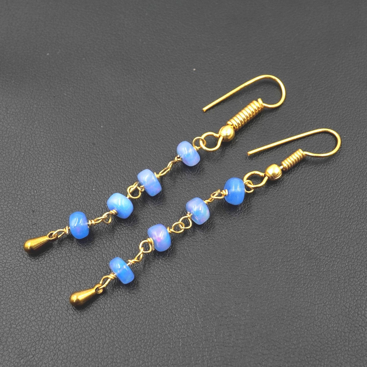 Natural Ethiopian Opal Beads Earrings Blue Multi Fire Opal 14K Gold Cabochon Beaded