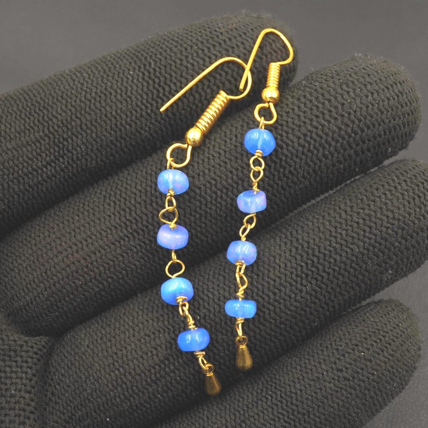 Natural Ethiopian Opal Beads Earrings Blue Multi Fire Opal 14K Gold Cabochon Beaded