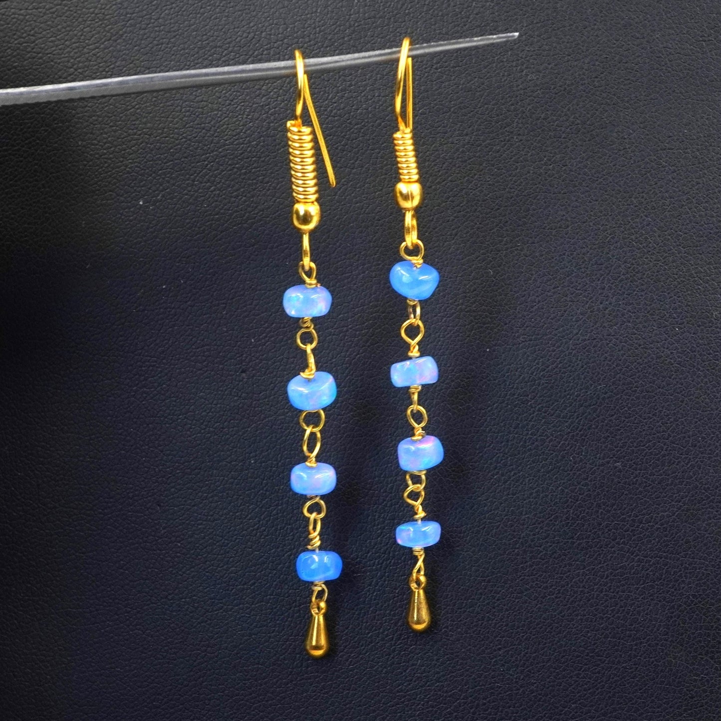 Natural Ethiopian Opal Beads Earrings Blue Multi Fire Opal 14K Gold Cabochon Beaded