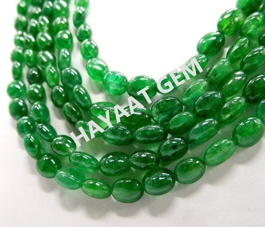 Natural Emerald Cabochon Strand: AAA Oval Green Gemstone Beads