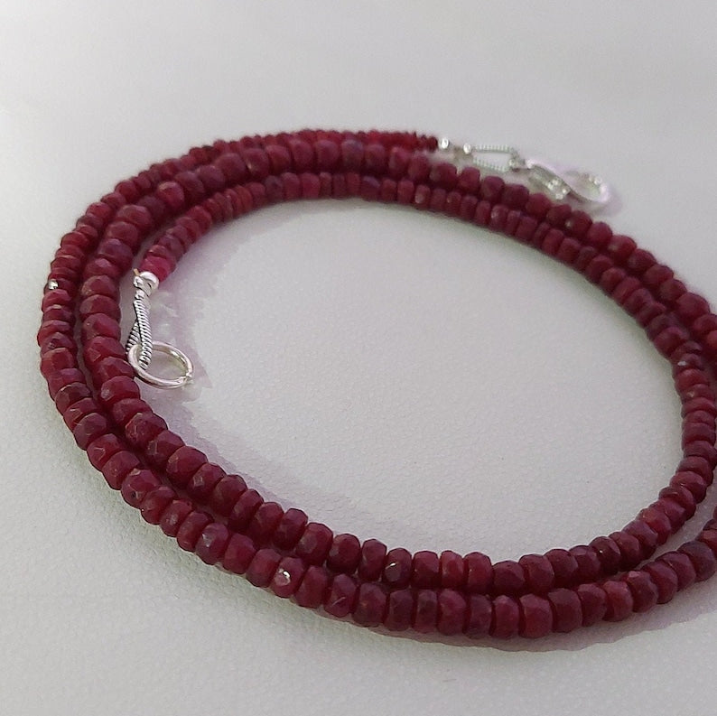 Faceted Mozambique Ruby Beaded Necklace: Adjustable Red Ruby, 4mm