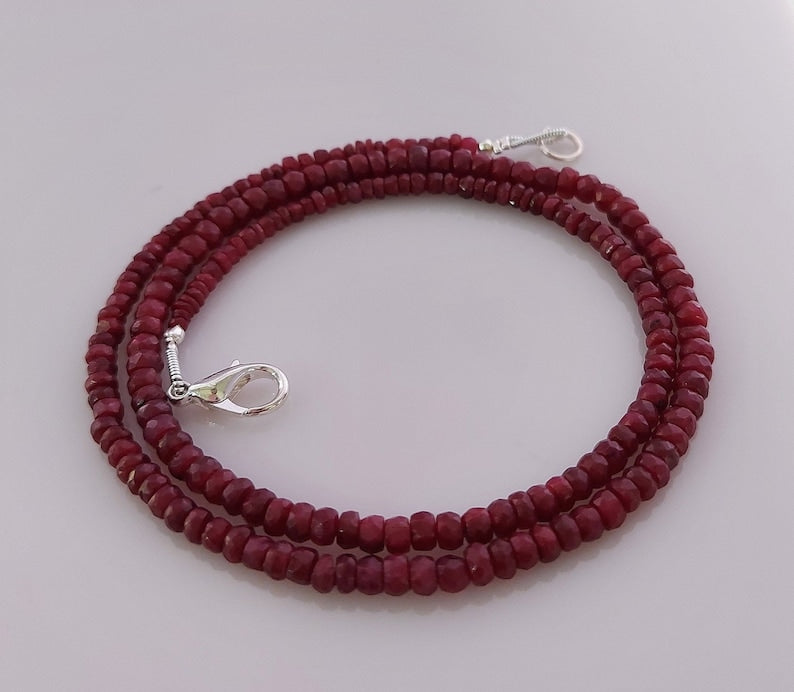 Faceted Mozambique Ruby Beaded Necklace: Adjustable Red Ruby, 4mm
