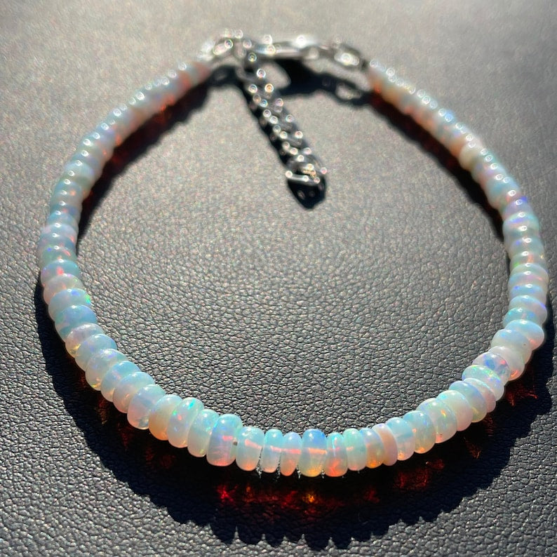 Ethiopian Opal Beads Bracelet: Natural White Opal, Multi-Fire Gemstone