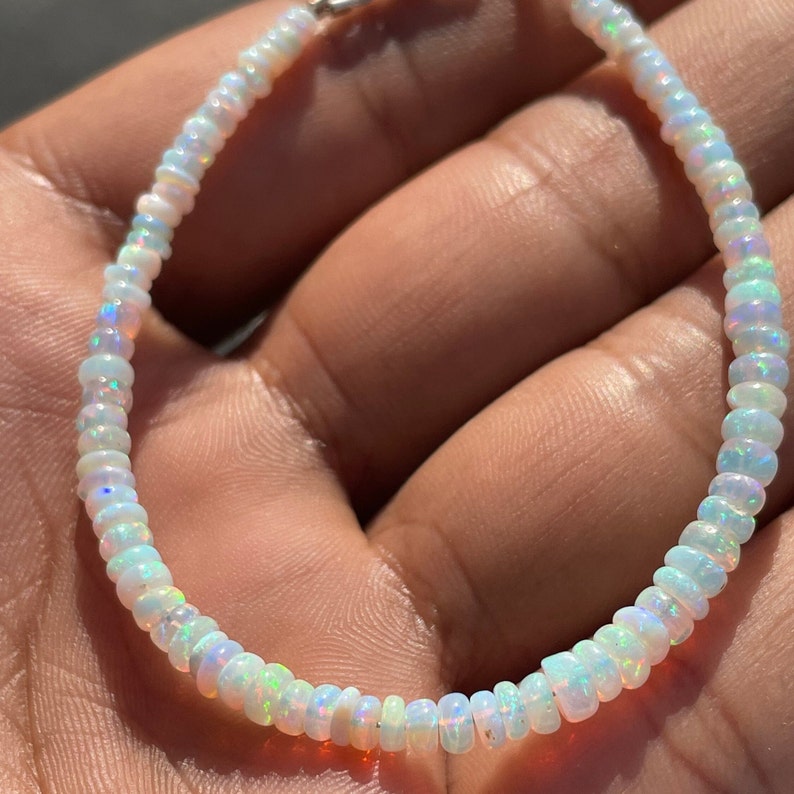 White Ethiopian Opal Beads Bracelet: Multi Fire Gemstone Jewelry