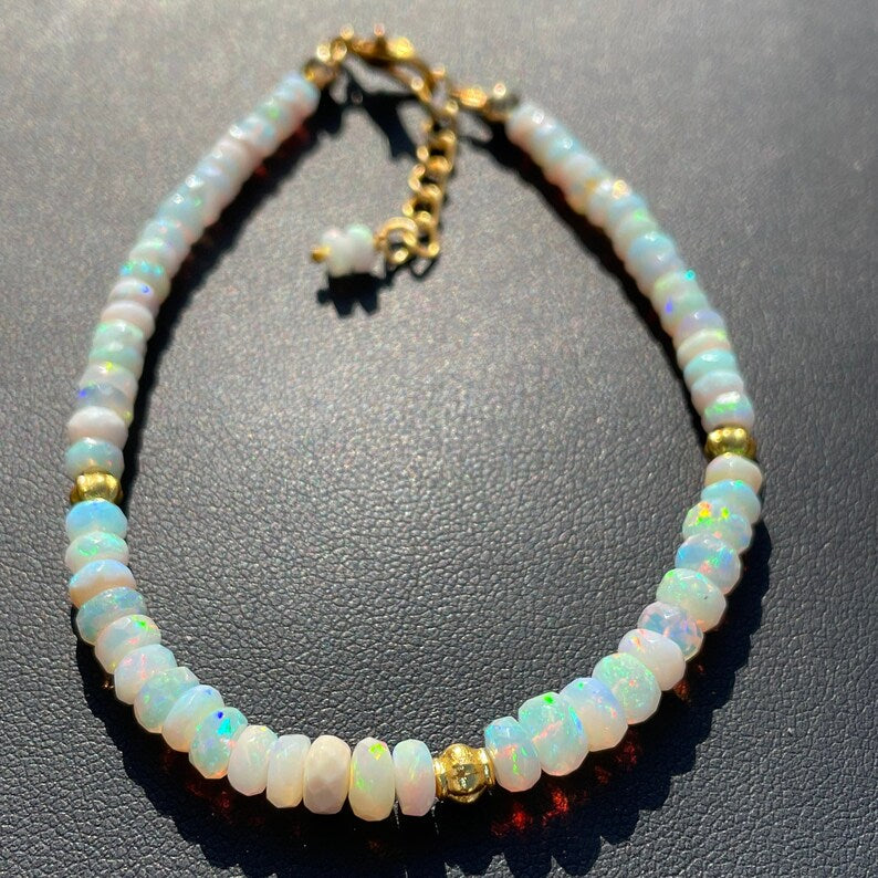 Ethiopian Opal Beaded Bracelet: Multi-Flash Fire Gemstone, Adjustable Length