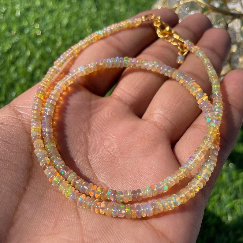 Ethiopian Opal Beaded Necklace: Golden Multi Fire Opal, Smooth Beads