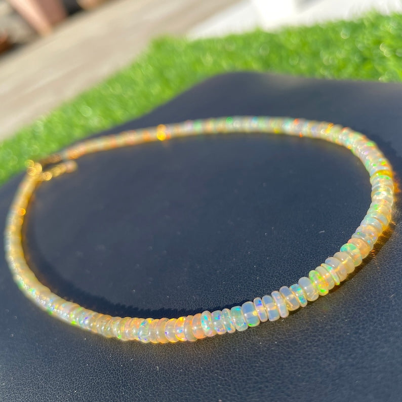 Ethiopian Opal Beaded Necklace: Golden Multi Fire Opal, Smooth Beads