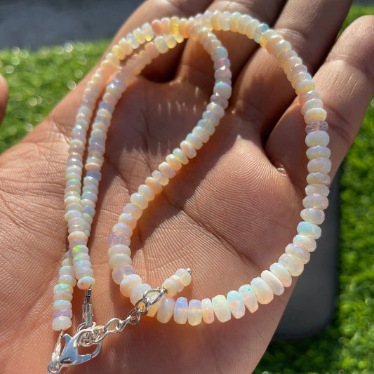 White Ethiopian Opal Beaded Necklace: Faceted Gemstone Jewelry