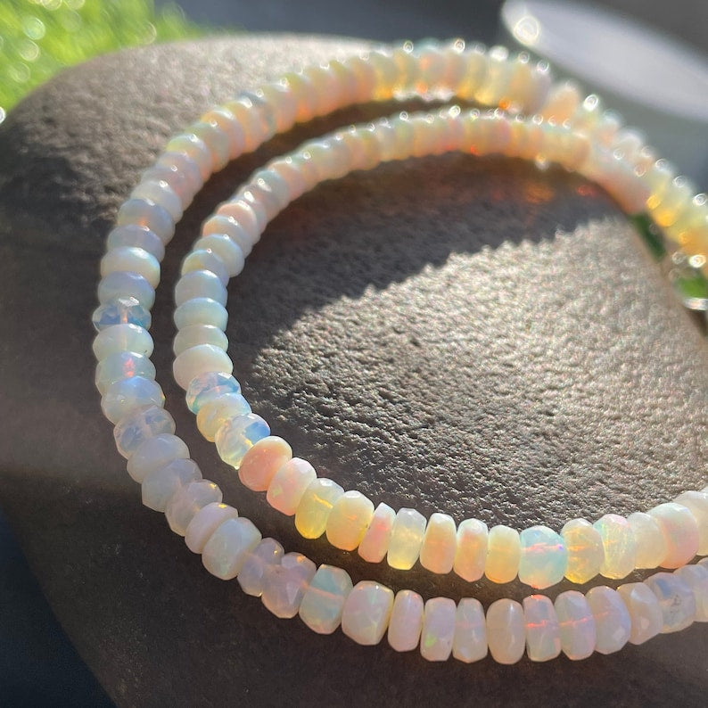 White Ethiopian Opal Beaded Necklace: Faceted Gemstone Jewelry