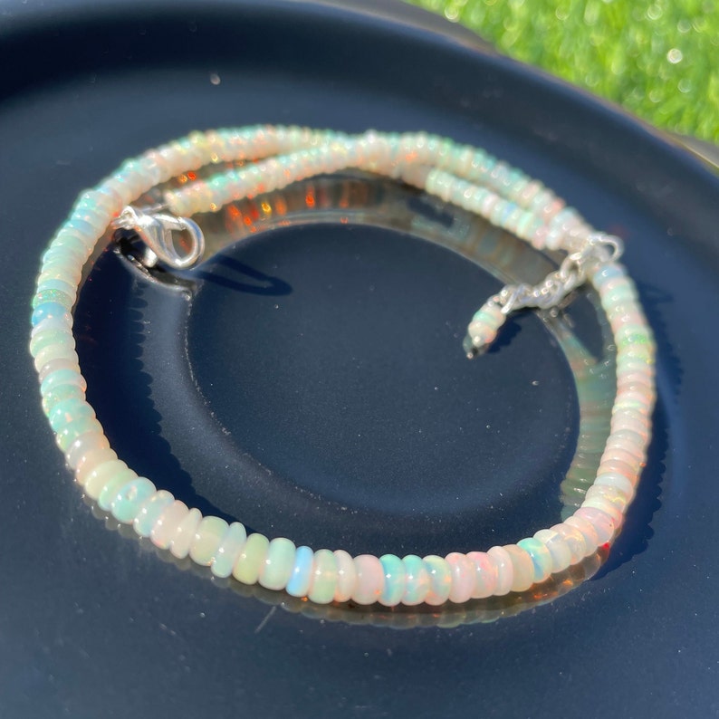 Ethiopian Opal Beads Necklace: White Multi Fire Gemstone, Handmade