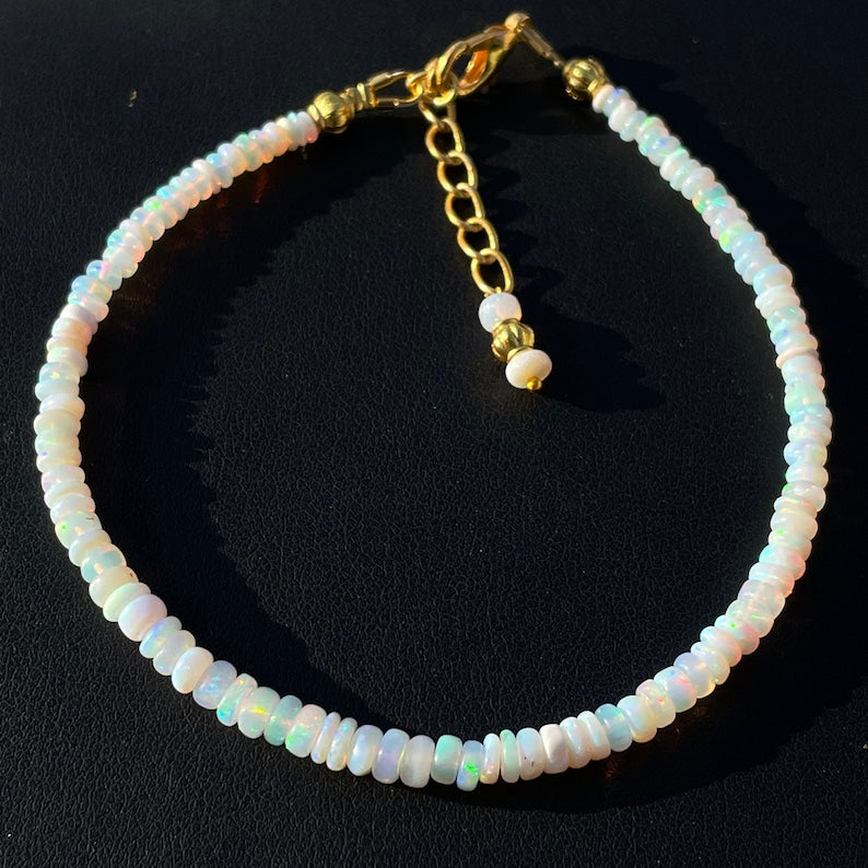 White Ethiopian Opal Beaded Bracelet: Multi Fire Gemstone Jewelry