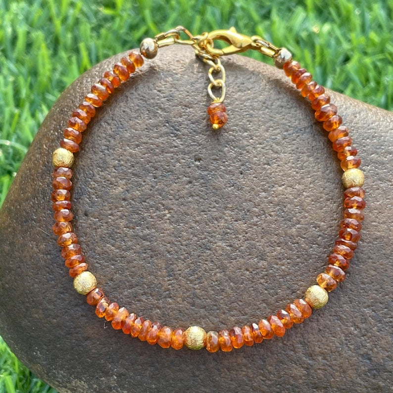 Natural Hessonite Garnet Bracelet: Faceted Orange Fanta Gemstone Beads