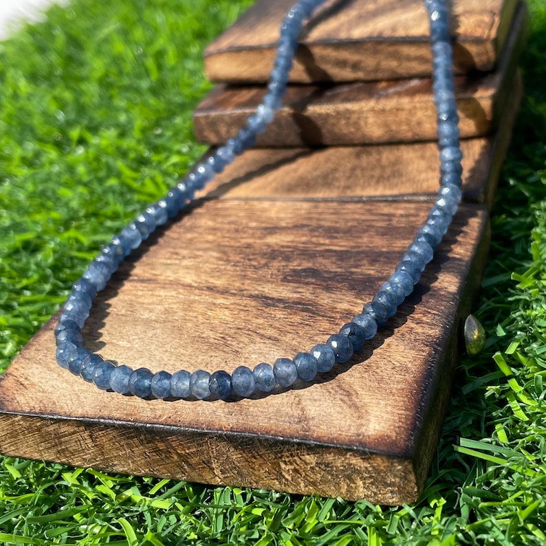 Faceted Blue Sapphire Beaded Necklace: AAA+ Quality, Handmade Jewelry