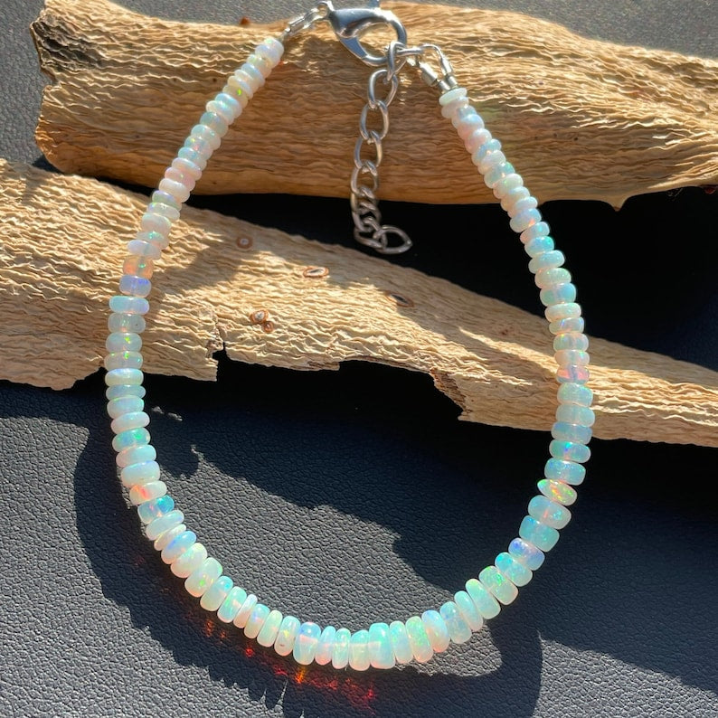 White Ethiopian Opal Beads Bracelet: Multi Fire Gemstone Jewelry